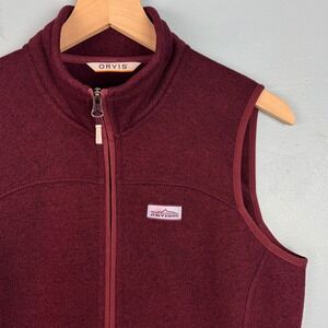 ORVIS Women's Medium Burgungy Red Fleece Vest Full Zip Mock Neck Logo Hiking